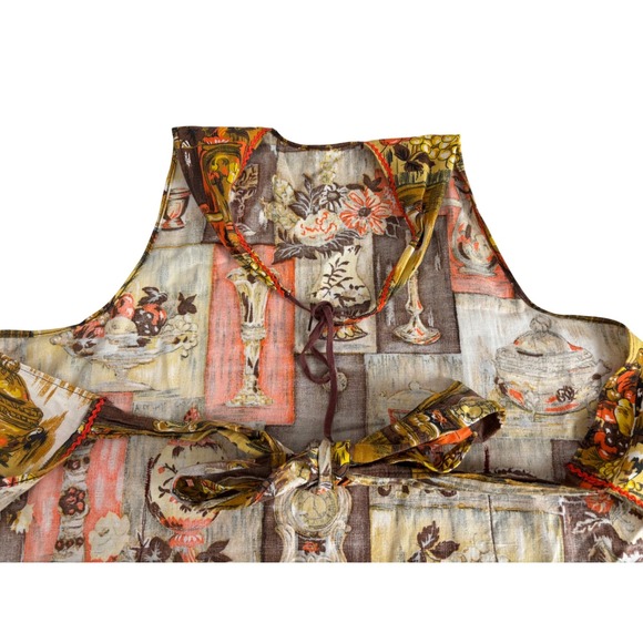 Vintage 1960s Print Kitchen Apron Decor Gold Brown Orange Mid‎ Century - Picture 3 of 3